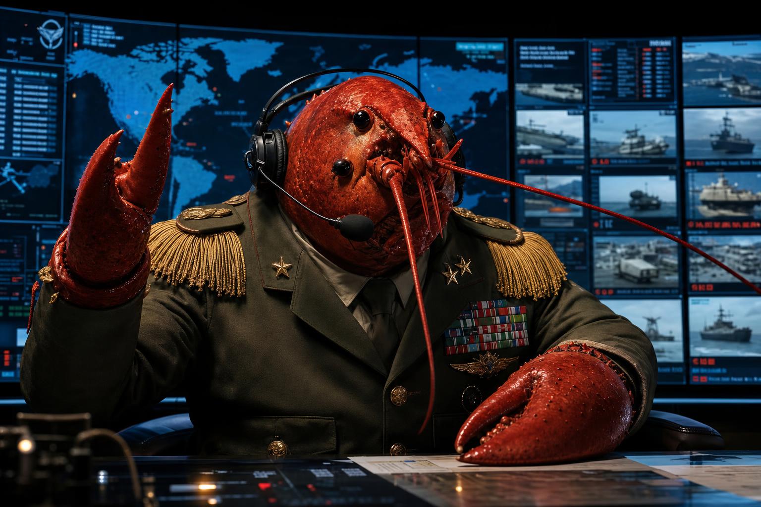 A photorealistic lobster in a general's dress uniform and headset commands a military situation room, surrounded by a curved wall of glowing monitor panels.