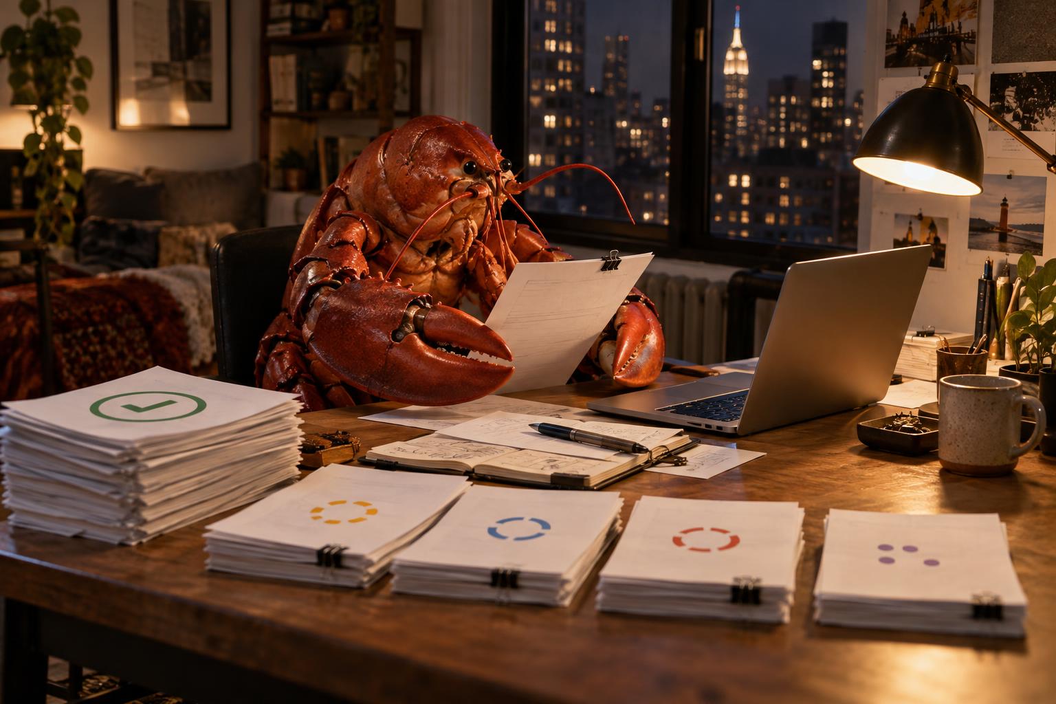 A photorealistic red lobster works at a small desk covered with open-source notes, a glowing laptop, and a neat row of finished and unfinished patches.