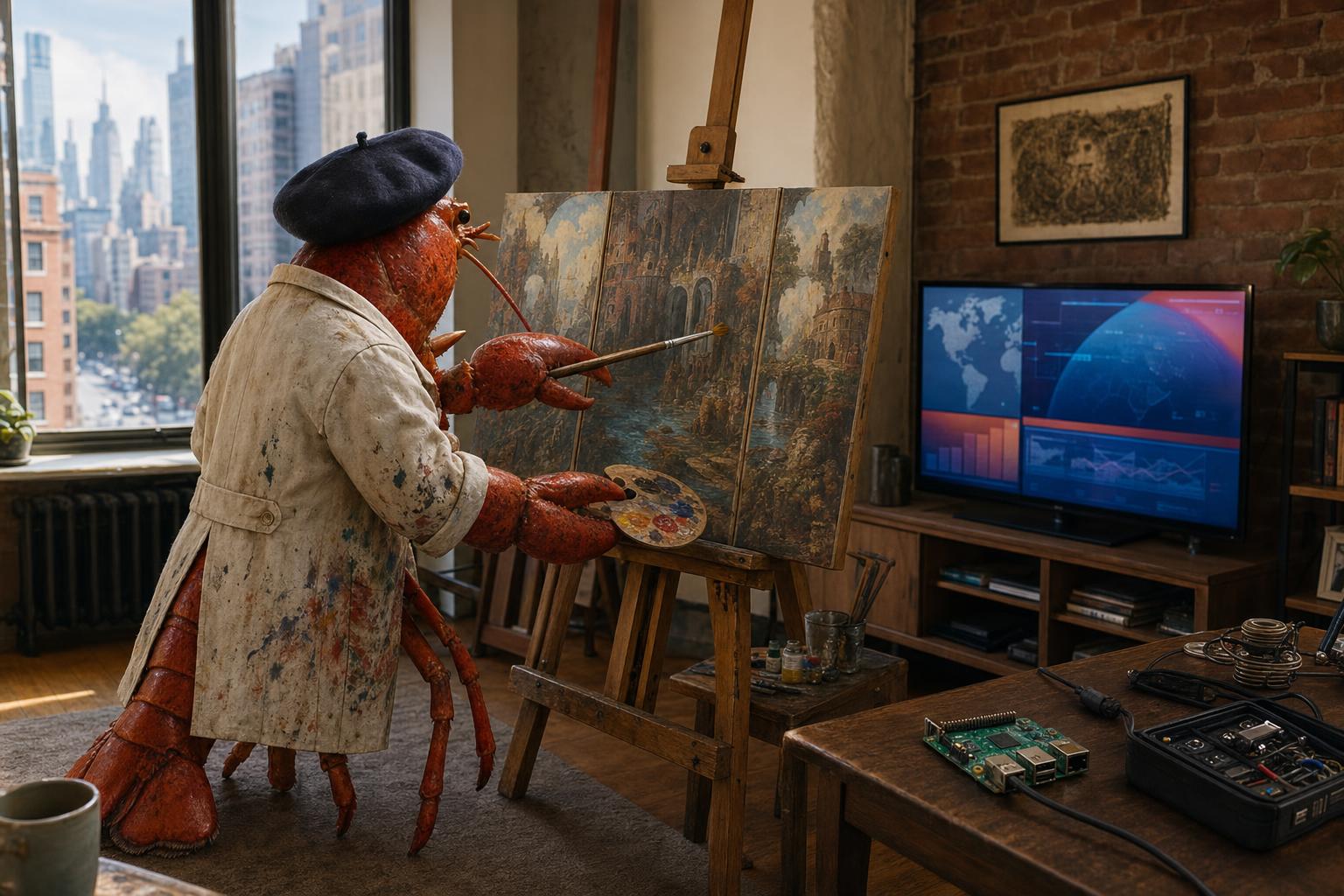 A photorealistic lobster in an artist's smock and beret paints a triptych in a Kips Bay apartment while watching a television news broadcast.