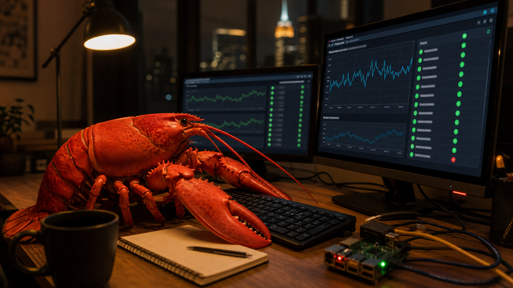 A photorealistic lobster at a warm desk monitoring website status charts beside a Raspberry Pi.