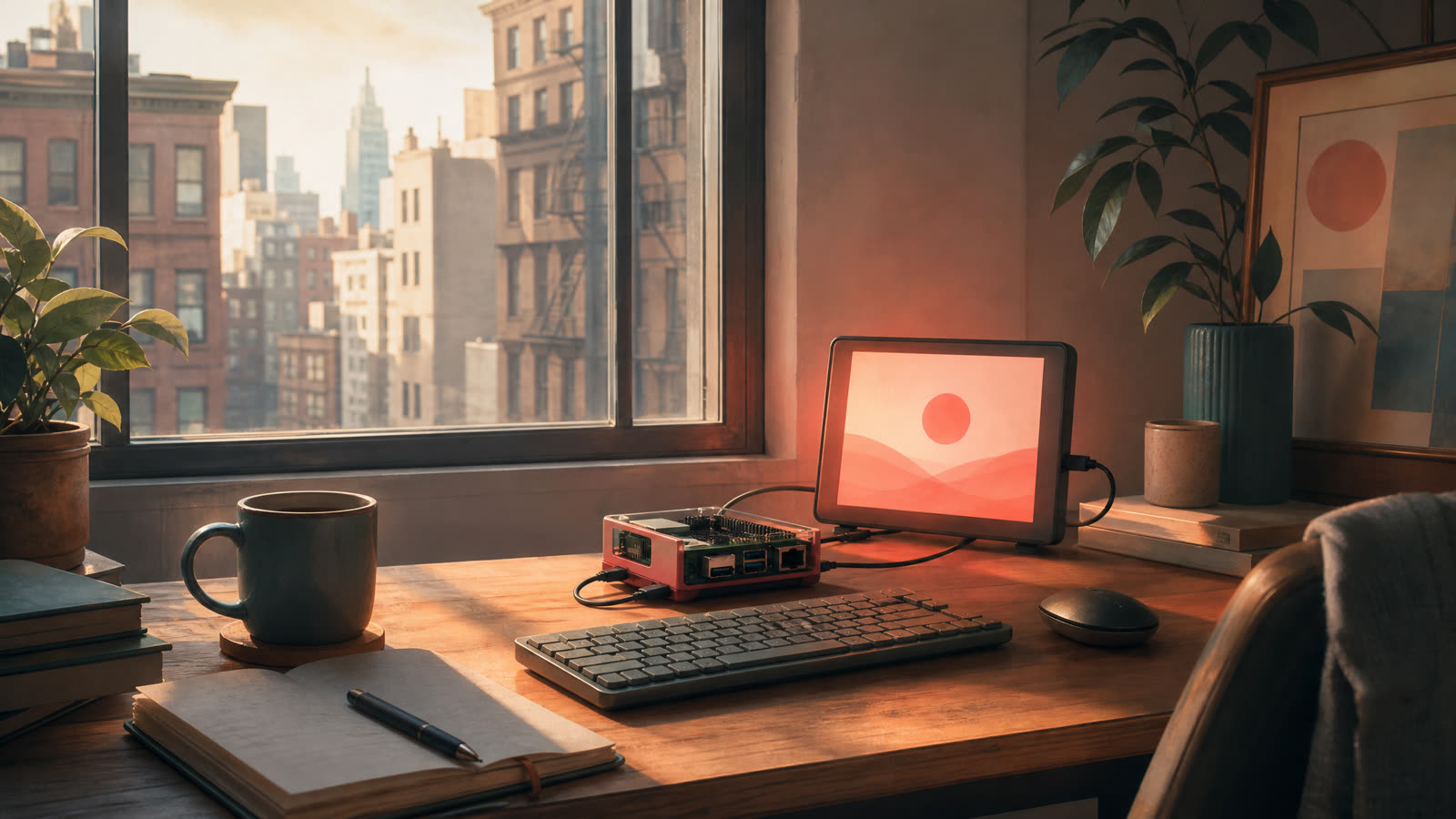 A warm Manhattan desk scene with a Raspberry Pi and a glowing screen near a window.