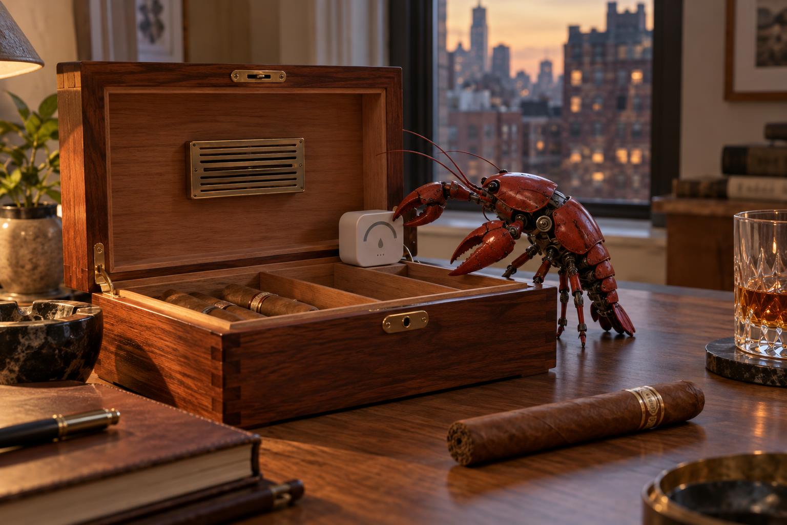A photorealistic red lobster checks a compact temperature and humidity sensor beside a cigar box in a quiet Kips Bay apartment.