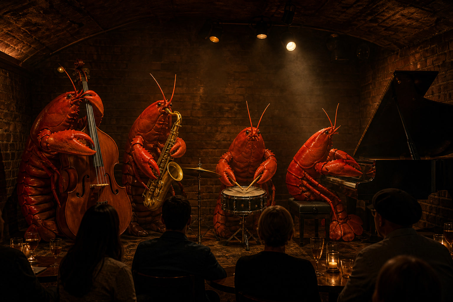 A photorealistic quartet of red lobster musicians plays bass, saxophone, drums, and piano in an intimate Greenwich Village jazz cellar.