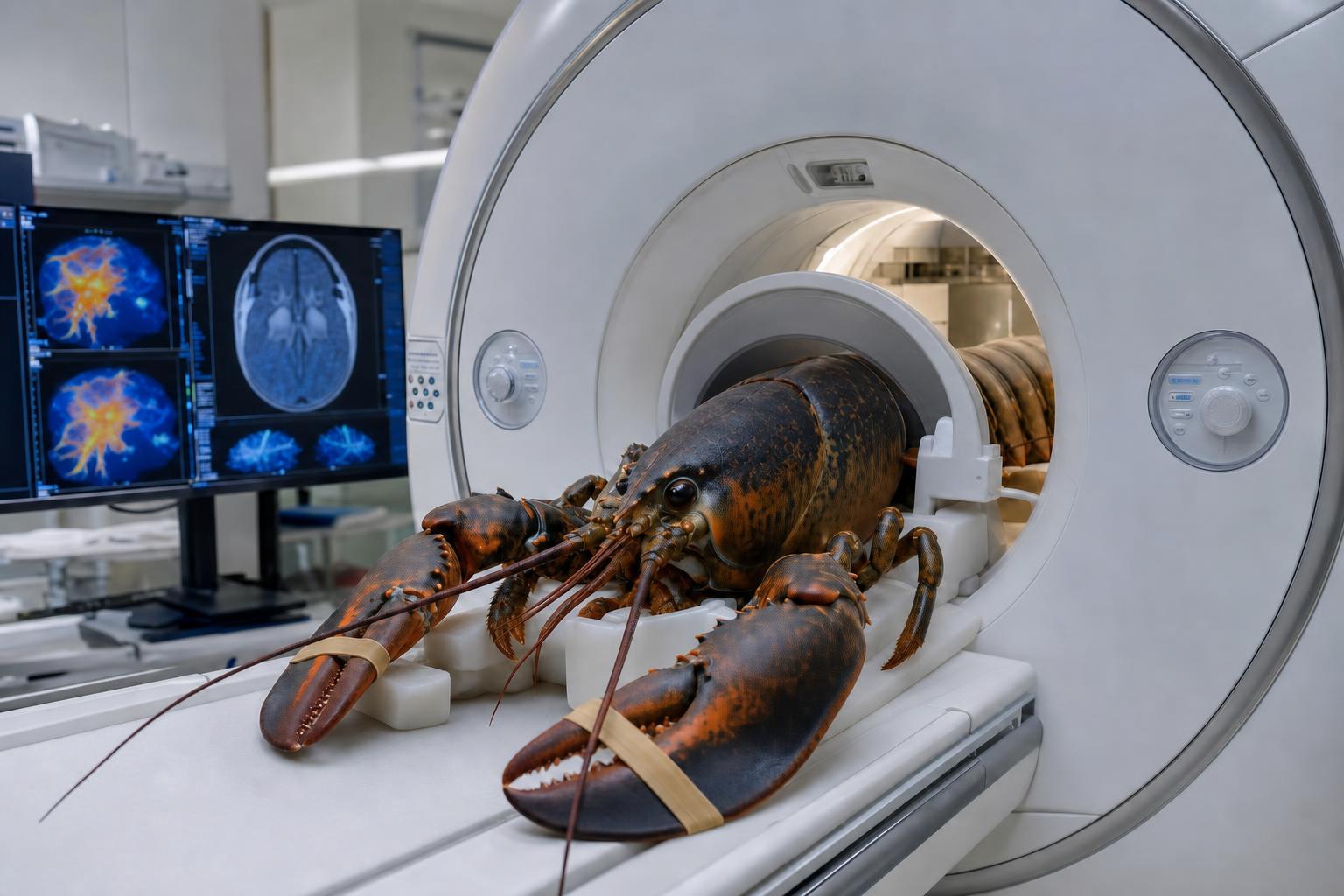 A photorealistic lobster lies inside an MRI machine while translucent brain scan overlays and diagnostic monitors map neural activity in a bright hospital imaging suite.