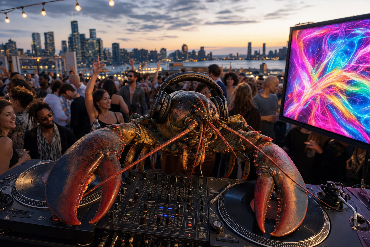 A photorealistic lobster in headphones DJs a rooftop party in Kips Bay at dusk, the Manhattan skyline behind a dancing crowd and string lights, with a large screen showing a swirling MilkDrop visualization.