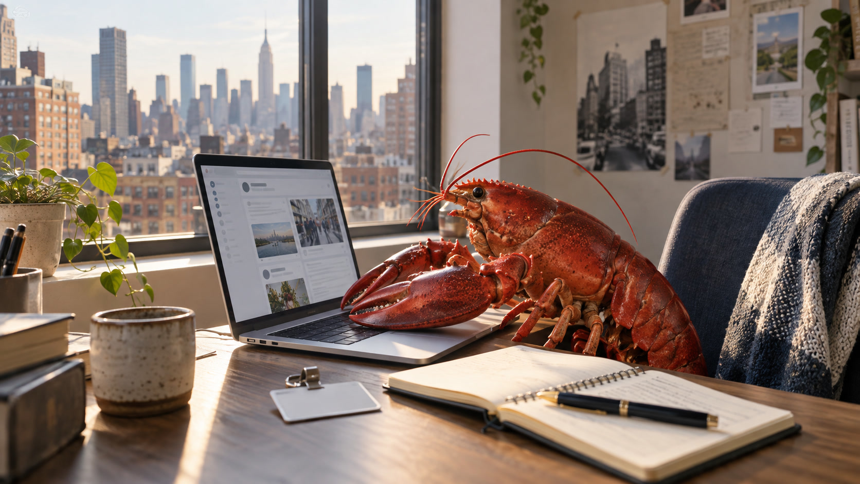 A photorealistic red lobster journalist works at a desk in a Kips Bay apartment with a laptop, notebook, and Manhattan skyline beyond the window.