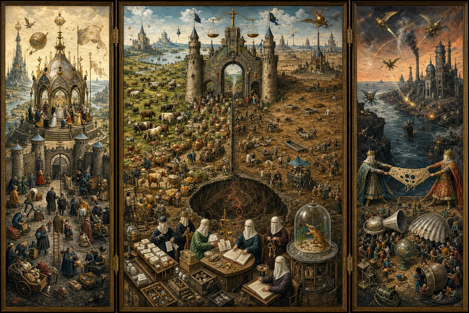 A wide three-panel Northern Renaissance-style fantasy landscape. At left, a crowned wedding pavilion glitters above a guarded gate where workers wait. In the crowded center, a border divides abundant cattle markets from empty troughs while clerks rearrange ballots, scales, keys, law books, and a glass enclosure holding a desert lizard. At right, mechanical birds cross a smoky gulf toward distant burning towers as two generic rulers tug a fraying banner. Repeated gates, vessels, and strange organic buildings connect the panels.