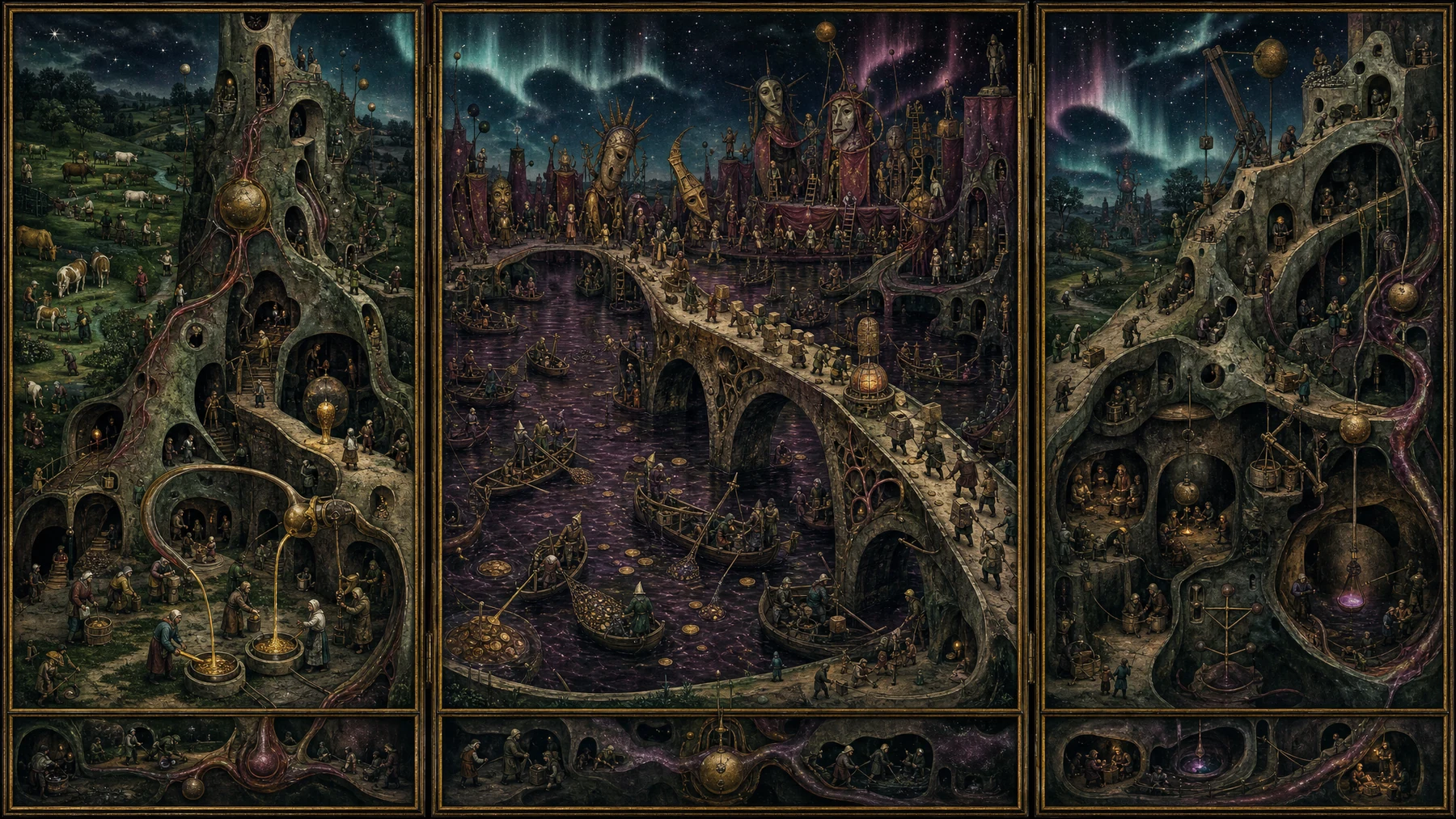 An intricate panoramic triptych painting in the style of Hieronymus Bosch, rendered in oil on oak panels under a cold, dark sky with swirling aurora-like veils of pale cyan and plum.
In the left panel, tiny field workers and gardeners navigate a strange, organic stone structure resembling a hollow shell with pulsing red veins. On one side, healthy cattle graze in lush green pastures, while on the other side of a dividing wall, empty stone paths lead into dark tunnels. Gardeners measure golden cooking oil into standardized rectangular stone blocks.
In the center panel, a wide, dark river or canal cuts through the landscape. Tiny sailors on wooden vessels dredge old gold coins from the plum-colored waters, using them to construct a sprawling, organic stone bridge. In the background, a theatrical procession of actors in oversized, expressive wooden masks marches across a winding, multi-tiered wooden stage under heavy curtains.
In the right panel, a dark, soot-stained region where tiny figures carry heavy stones into underground tunnels. These tunnels visibly loop beneath the earth and connect back to the left panel's entrance. Families watch from hollow chambers carved into the rock, looking up at the cold, starry sky.