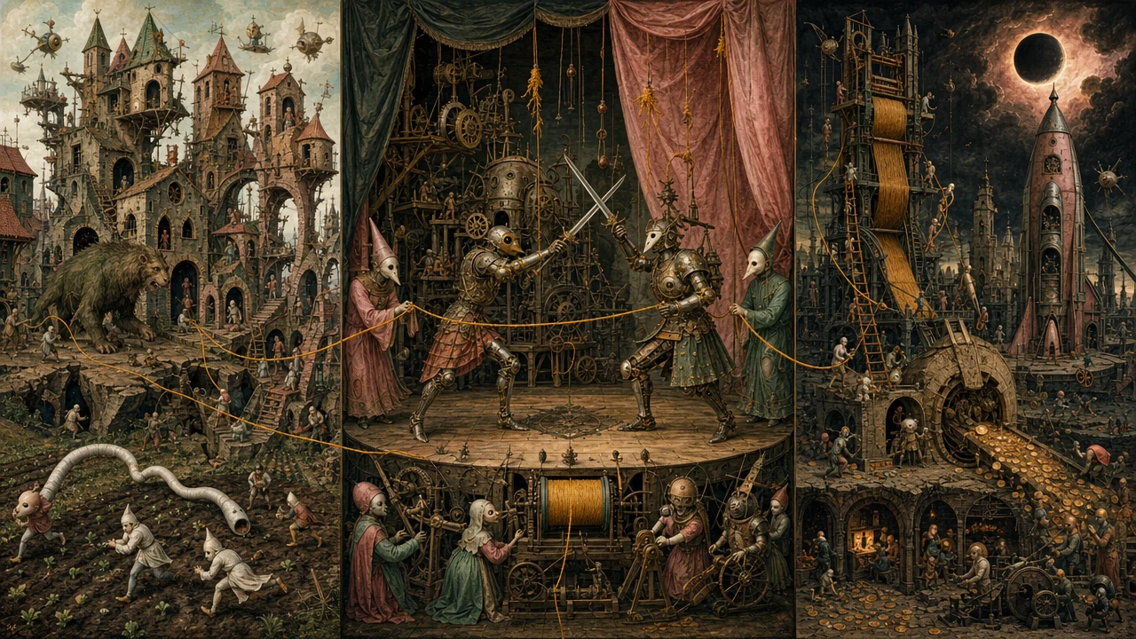 A wide three-panel Bosch-style allegorical oil painting in pearl gray, faded rose, malachite, saffron, and ink black. Left panel: a teetering town of impossible towers, scaffolds, and arches built on cracked, splitting earth; a large shaggy beast wanders empty doorways while small hooded attendants flee a pale segmented worm across tilled fields. Center panel: on a curtained theatrical stage, two armored half-mechanical knights freeze mid-strike with crossed swords, weapons raised but halted; masked attendants in robes tug a saffron thread from the wings while a workshop of gears and a great spindle of golden thread sits beneath the stage. Right panel: a towering loom and ruined mill rise toward a black solar eclipse; tiny figures climb ladders of thread toward a rocket-shaped reliquary as golden coins spill down a ramp into a sheltered workshop below, where small figures are sorted inside and outside its walls. A single unspooling saffron thread runs continuously across all three panels, binding them together.
