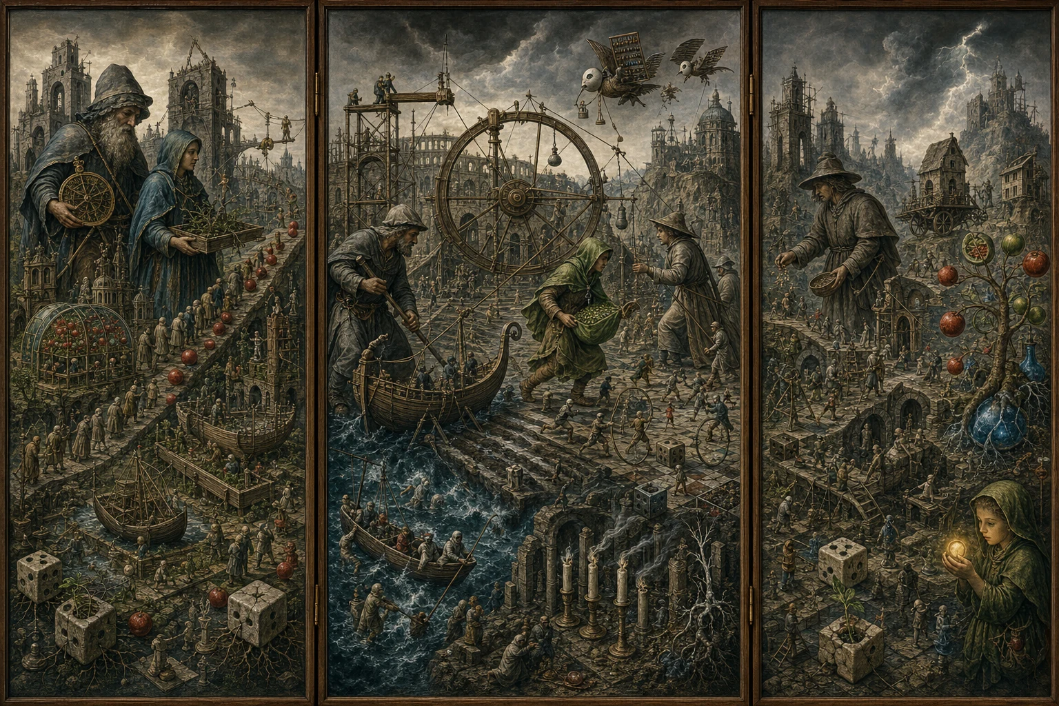 Panoramic allegorical triptych: left panel shows institutional thresholds and constrained movement; center panel depicts concentrated struggle around power and resources; right panel shows unstable aftermath under dim, auroral light with tiny figures moving through labyrinthine architecture.
