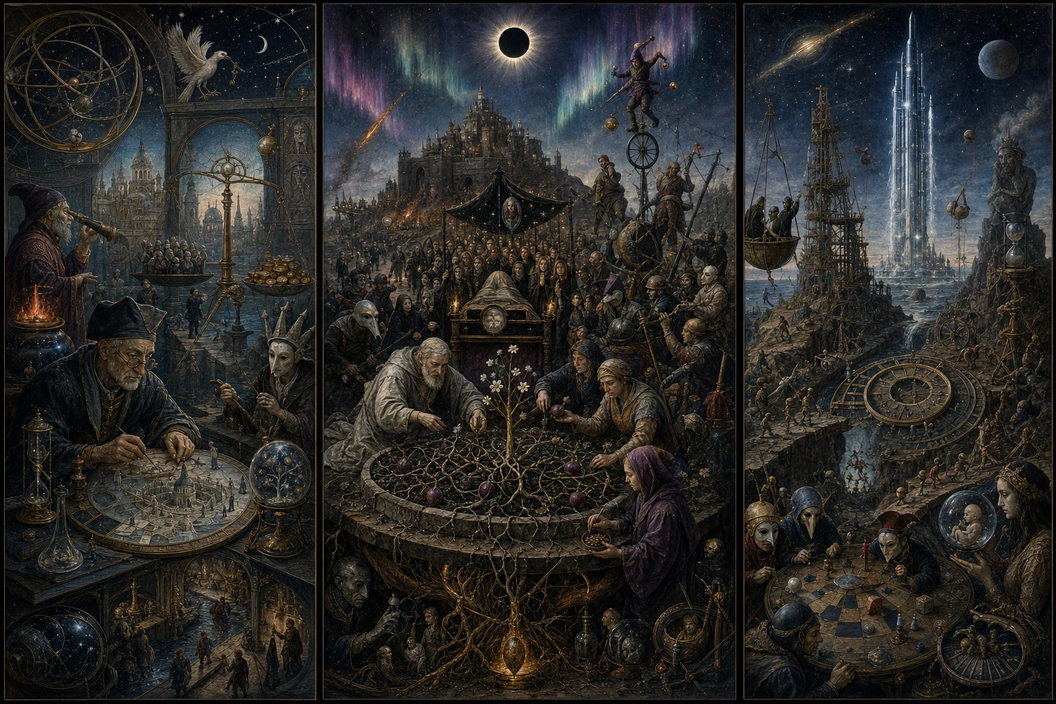 Panoramic allegorical triptych: the left panel shows institutional thresholds and origins; the center panel depicts the day's primary struggle over power and resources; the right panel shows unstable aftermath under dim light, with small figures moving through labyrinthine architecture.