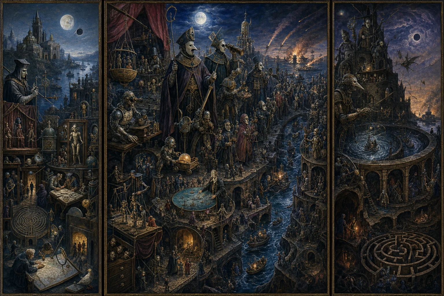 Panoramic allegorical triptych: the left panel shows institutional thresholds and origins; the center panel depicts the day's primary struggle over power and resources; the right panel shows unstable aftermath under dim light, with small figures moving through labyrinthine architecture.