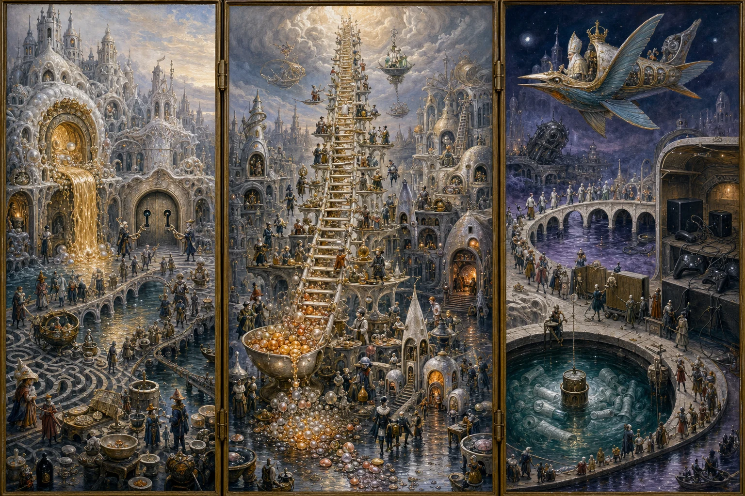 Panoramic allegorical triptych: the left panel shows institutional thresholds and origins; the center panel depicts the day's primary struggle over power and resources; the right panel shows unstable aftermath under dim light, with small figures moving through labyrinthine architecture.
