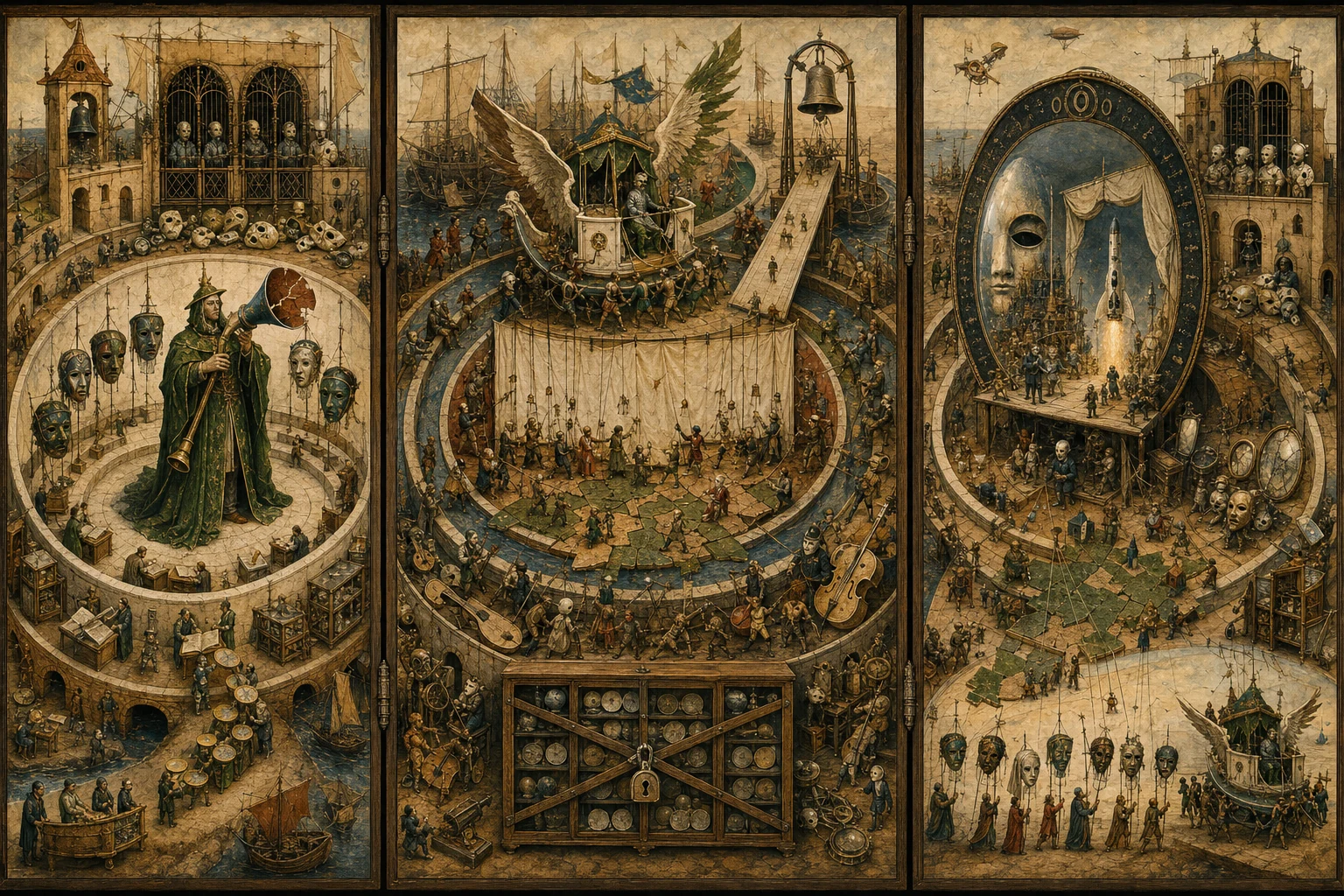 Panoramic allegorical triptych: the left panel shows institutional thresholds and origins; the center panel depicts the day's primary struggle over power and resources; the right panel shows unstable aftermath under dim light, with small figures moving through labyrinthine architecture.