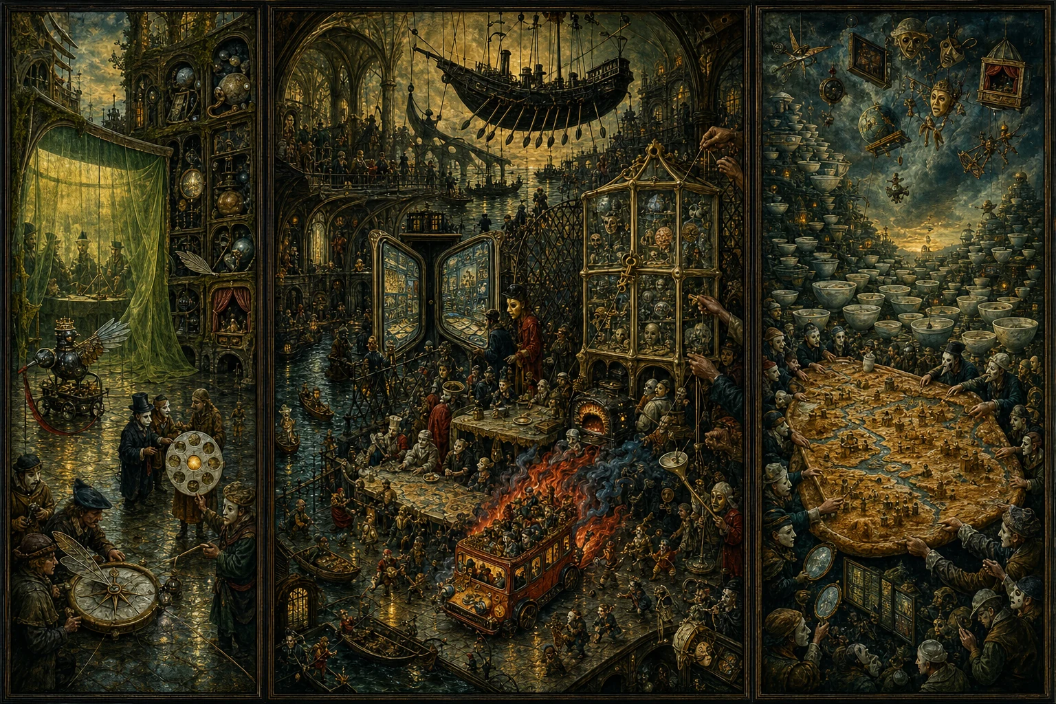 Panoramic allegorical triptych: the left panel shows institutional thresholds and origins; the center panel depicts the day's primary struggle over power and resources; the right panel shows unstable aftermath under dim light, with small figures moving through labyrinthine architecture.