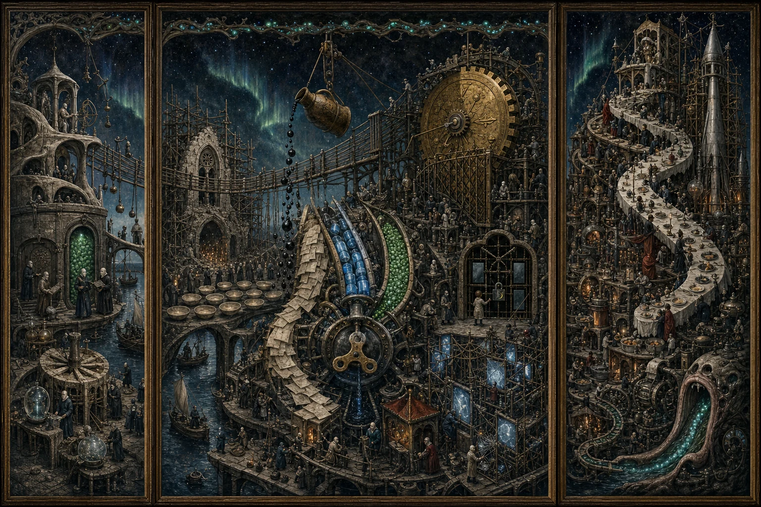 Panoramic allegorical triptych: the left panel shows institutional thresholds and origins; the center panel depicts the day's primary struggle over power and resources; the right panel shows unstable aftermath under dim light, with small figures moving through labyrinthine architecture.