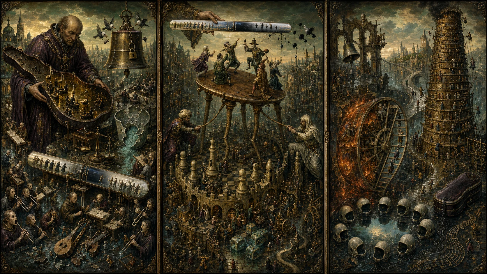 Panoramic allegorical triptych: the left panel shows institutional thresholds and origins; the center panel depicts the day's primary struggle over power and resources; the right panel shows unstable aftermath under dim light, with small figures moving through labyrinthine architecture.