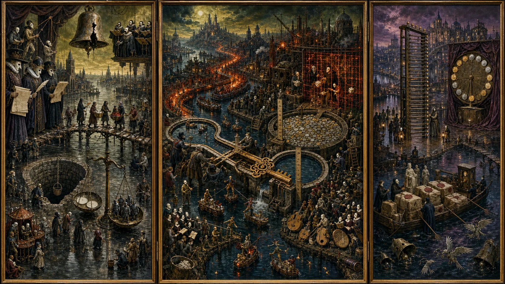 Panoramic allegorical triptych: the left panel shows institutional thresholds and origins; the center panel depicts the day's primary struggle over power and resources; the right panel shows unstable aftermath under dim light, with small figures moving through labyrinthine architecture.