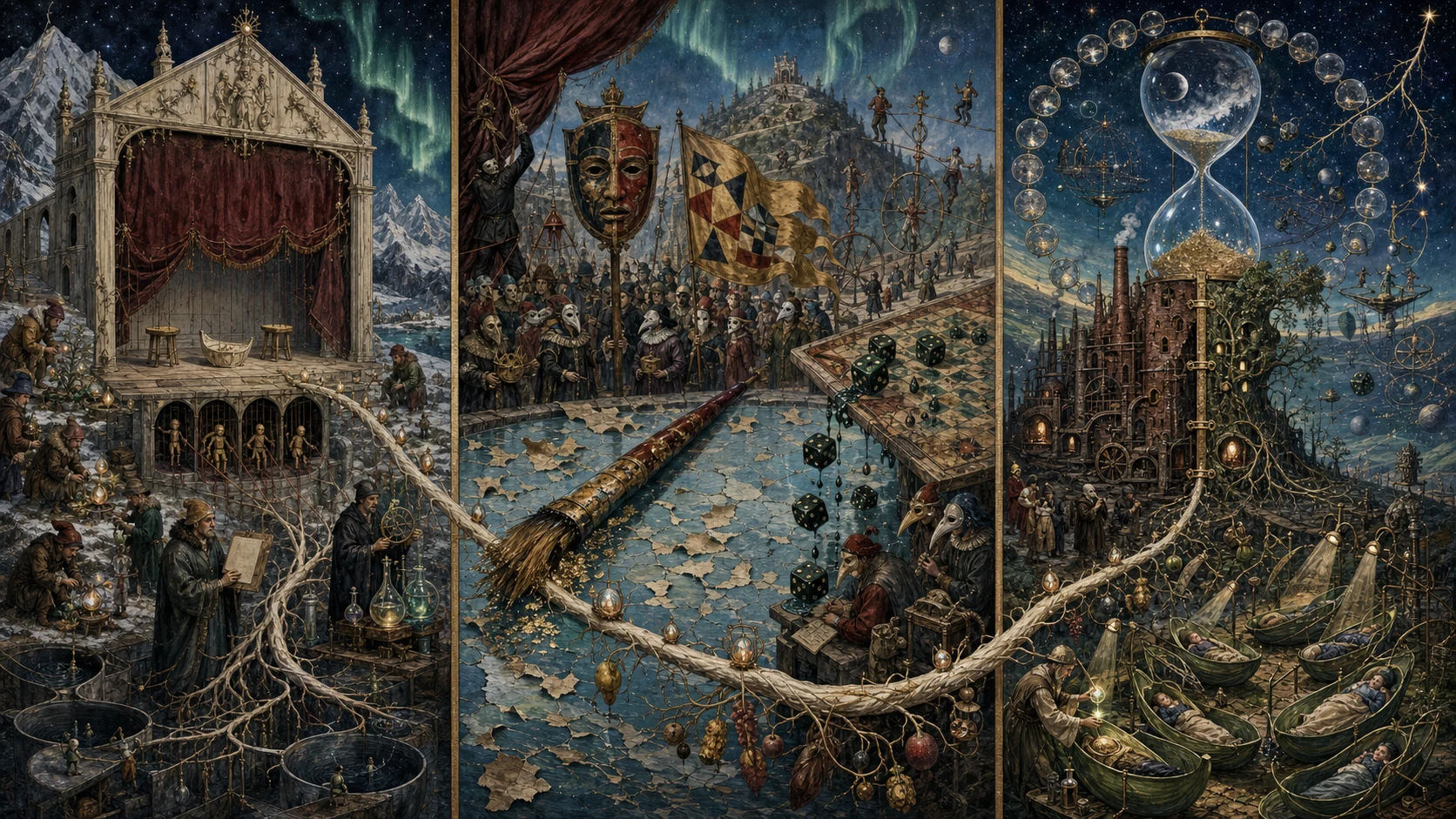 Panoramic allegorical triptych: the left panel shows institutional thresholds and origins; the center panel depicts the day's primary struggle over power and resources; the right panel shows unstable aftermath under dim light, with small figures moving through labyrinthine architecture.