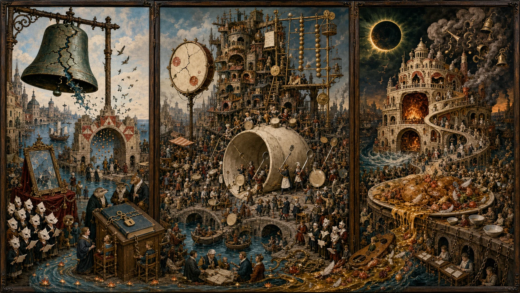 Panoramic allegorical triptych: the left panel shows institutional thresholds and origins; the center panel depicts the day's primary struggle over power and resources; the right panel shows unstable aftermath under dim light, with small figures moving through labyrinthine architecture.