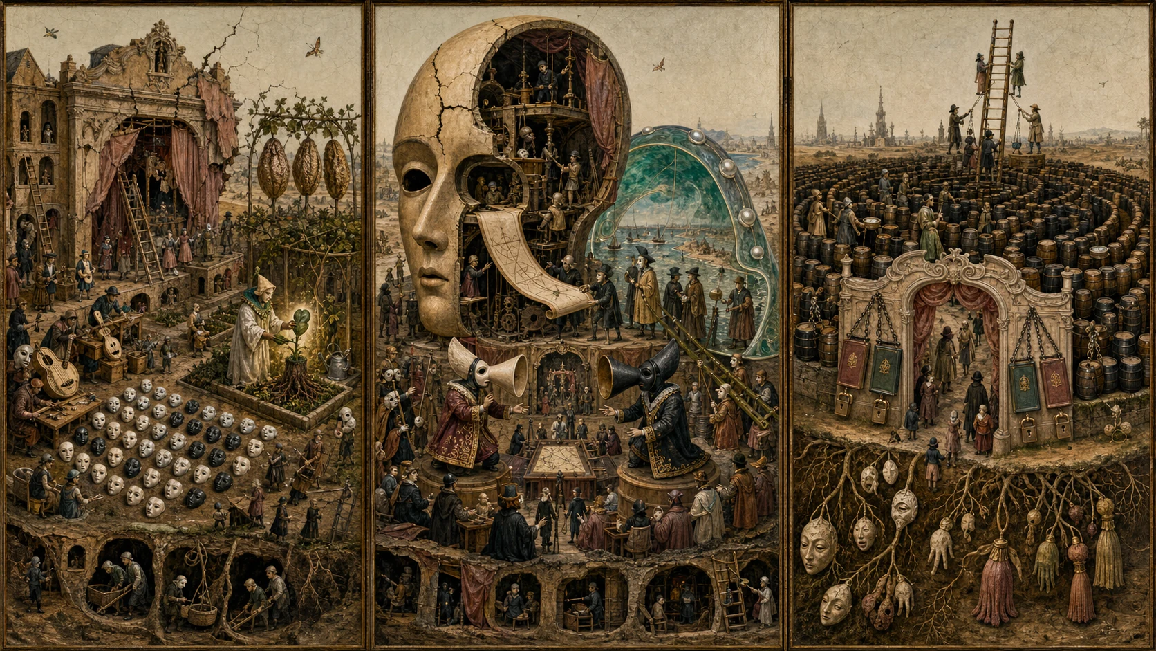 Panoramic allegorical triptych: the left panel shows institutional thresholds and origins; the center panel depicts the day's primary struggle over power and resources; the right panel shows unstable aftermath under dim light, with small figures moving through labyrinthine architecture.