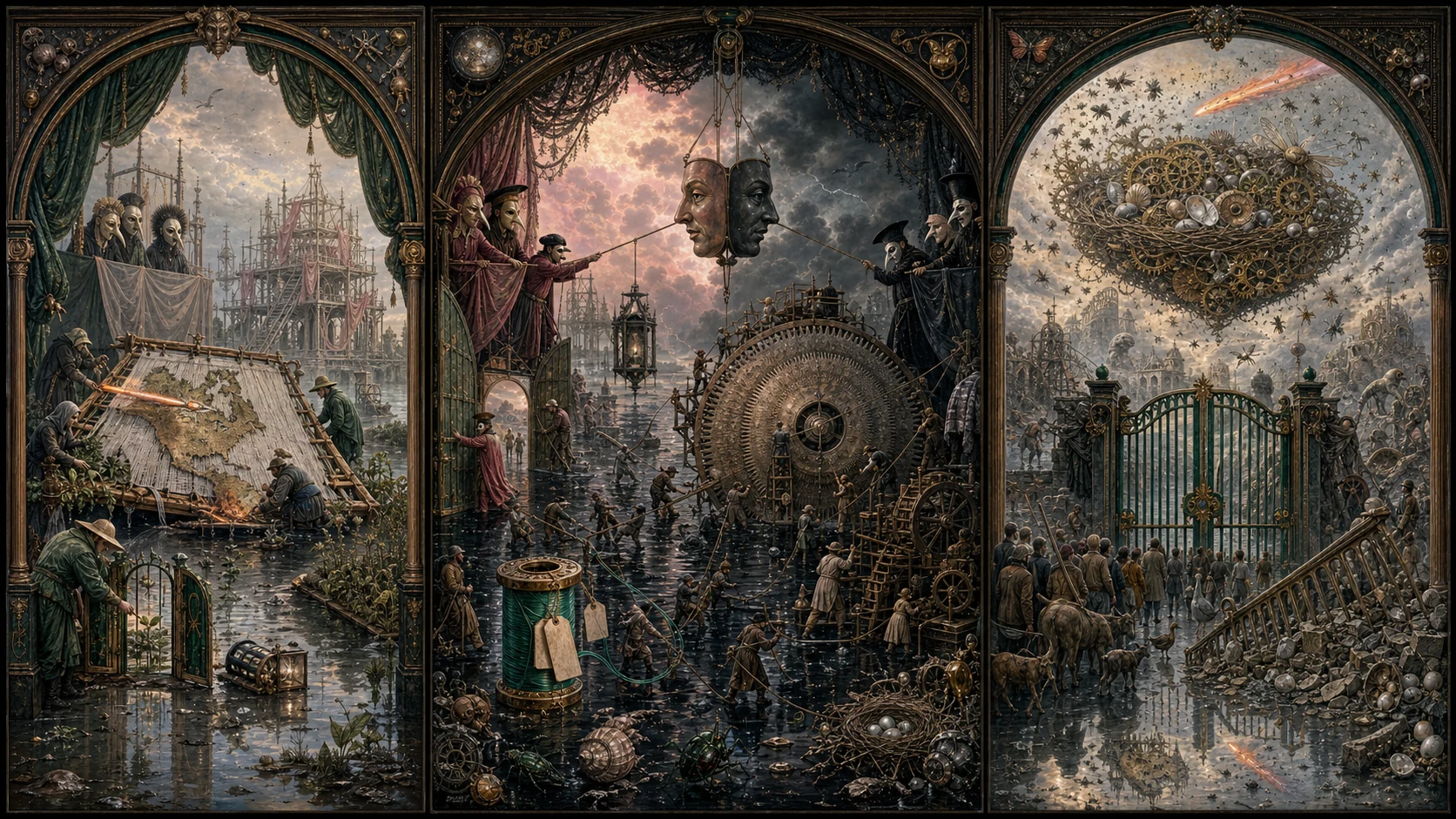 Panoramic allegorical triptych: the left panel shows institutional thresholds and origins; the center panel depicts the day's primary struggle over power and resources; the right panel shows unstable aftermath under dim light, with small figures moving through labyrinthine architecture.