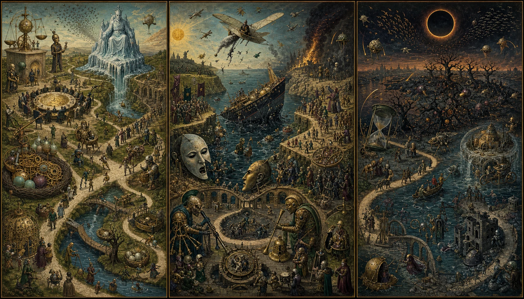 Panoramic allegorical triptych: the left panel shows institutional thresholds and origins; the center panel depicts the day's primary struggle over power and resources; the right panel shows unstable aftermath under dim light, with small figures moving through labyrinthine architecture.