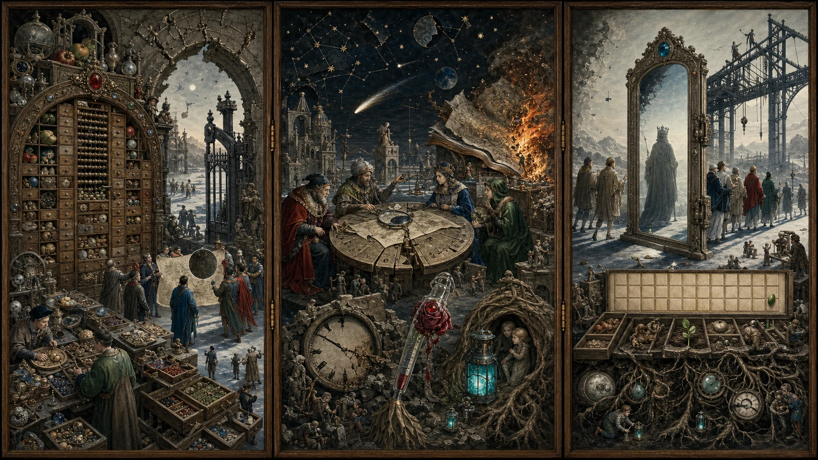 Panoramic allegorical triptych: the left panel shows institutional thresholds and origins; the center panel depicts the day's primary struggle over power and resources; the right panel shows unstable aftermath under dim light, with small figures moving through labyrinthine architecture.