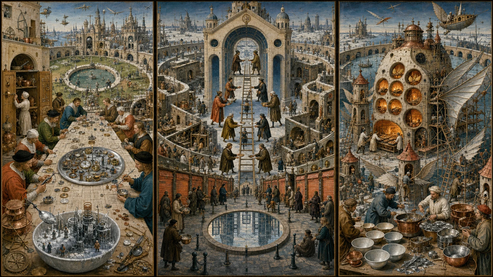 Panoramic allegorical triptych: the left panel shows institutional thresholds and origins; the center panel depicts the day's primary struggle over power and resources; the right panel shows unstable aftermath under dim light, with small figures moving through labyrinthine architecture.