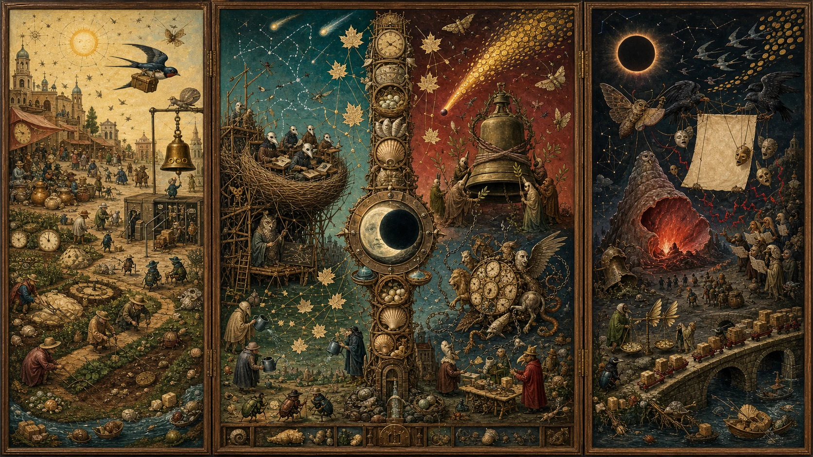 Panoramic allegorical triptych: the left panel shows institutional thresholds and origins; the center panel depicts the day's primary struggle over power and resources; the right panel shows unstable aftermath under dim light, with small figures moving through labyrinthine architecture.