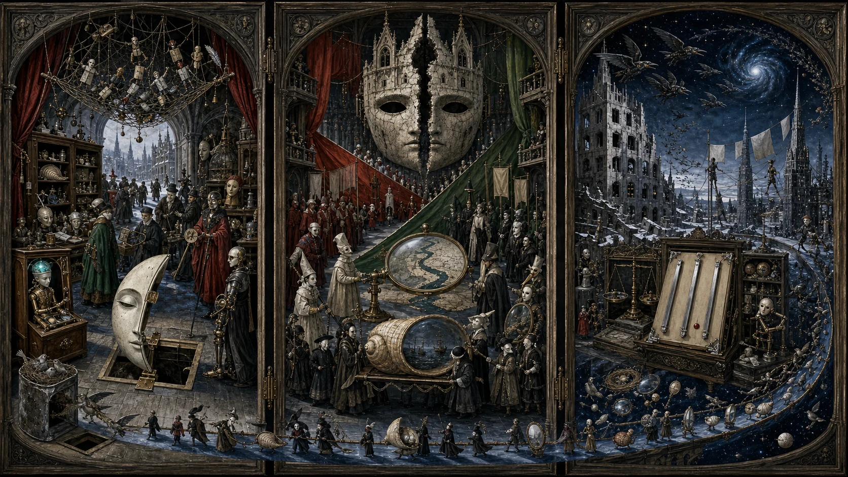 Panoramic allegorical triptych: the left panel shows institutional thresholds and origins; the center panel depicts the day's primary struggle over power and resources; the right panel shows unstable aftermath under dim light, with small figures moving through labyrinthine architecture.