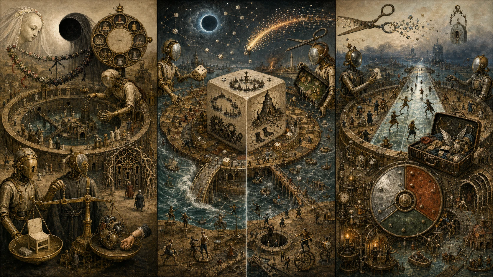 Panoramic allegorical triptych: the left panel shows institutional thresholds and origins; the center panel depicts the day's primary struggle over power and resources; the right panel shows unstable aftermath under dim light, with small figures moving through labyrinthine architecture.