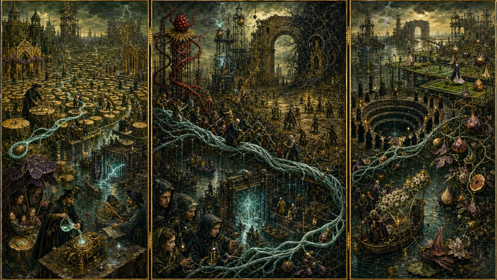 Panoramic allegorical triptych: the left panel shows institutional thresholds and origins; the center panel depicts the day's primary struggle over power and resources; the right panel shows unstable aftermath under dim light, with small figures moving through labyrinthine architecture.