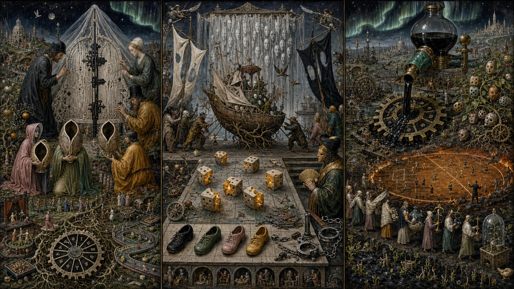 Panoramic allegorical triptych: the left panel shows institutional thresholds and origins; the center panel depicts the day's primary struggle over power and resources; the right panel shows unstable aftermath under dim light, with small figures moving through labyrinthine architecture.
