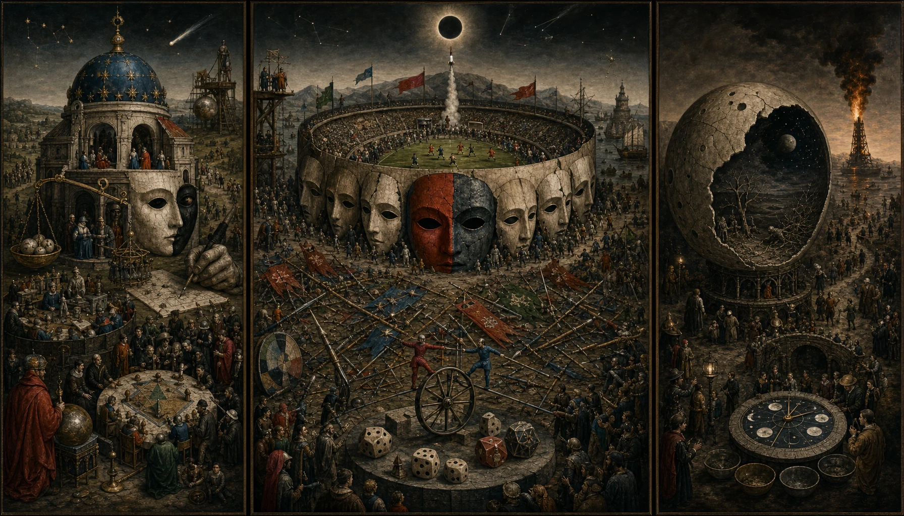 Panoramic allegorical triptych: the left panel shows institutional thresholds and origins; the center panel depicts the day's primary struggle over power and resources; the right panel shows unstable aftermath under dim light, with small figures moving through labyrinthine architecture.