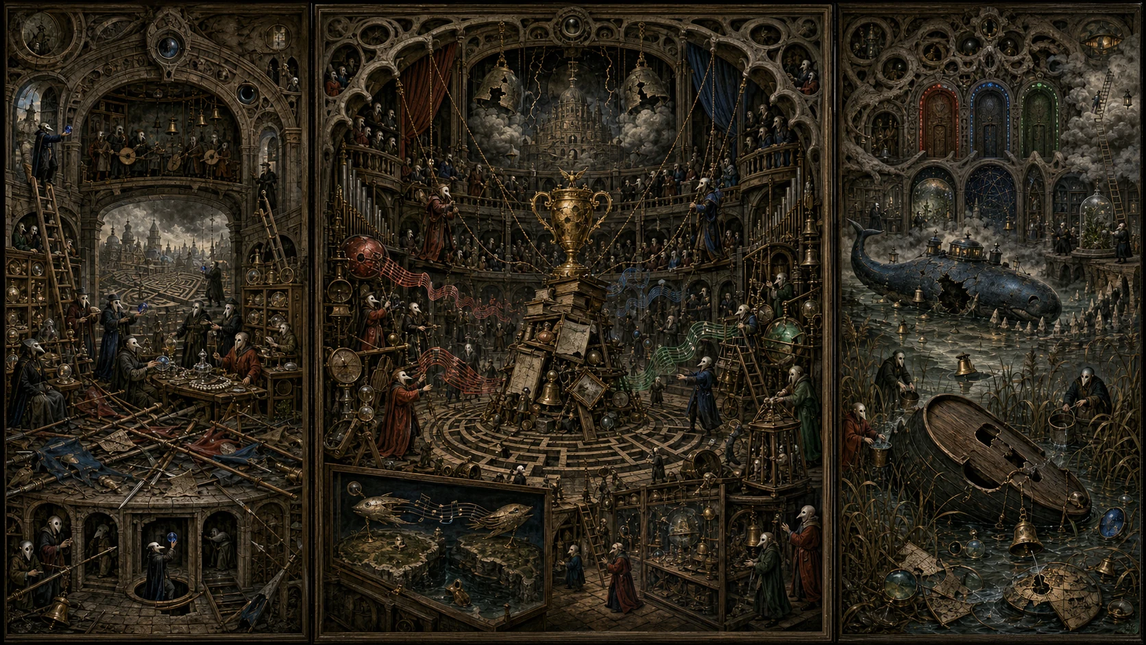 Panoramic allegorical triptych: the left panel shows institutional thresholds and origins; the center panel depicts the day's primary struggle over power and resources; the right panel shows unstable aftermath under dim light, with small figures moving through labyrinthine architecture.