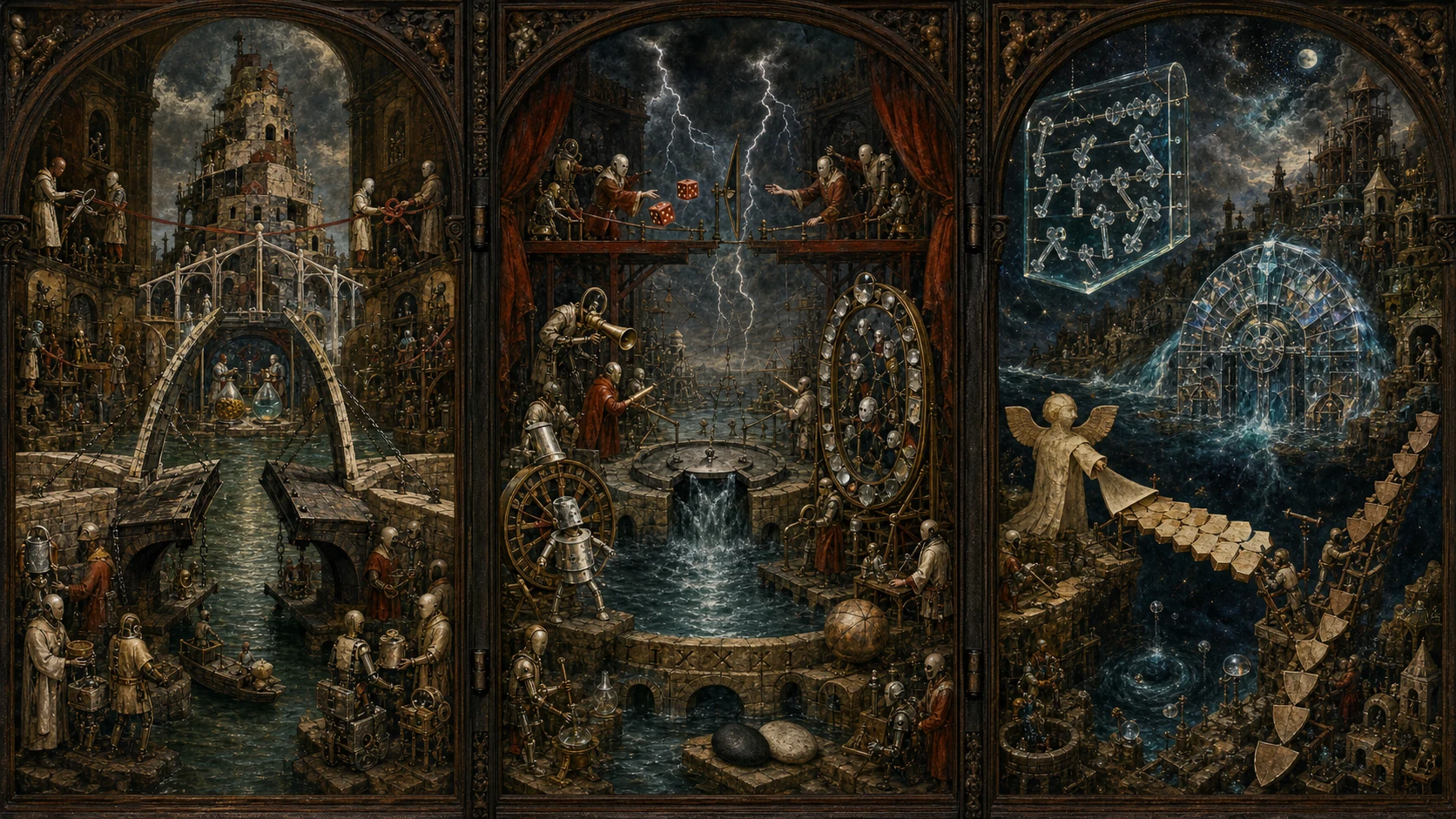 Panoramic allegorical triptych: the left panel shows institutional thresholds and origins; the center panel depicts the day's primary struggle over power and resources; the right panel shows unstable aftermath under dim light, with small figures moving through labyrinthine architecture.