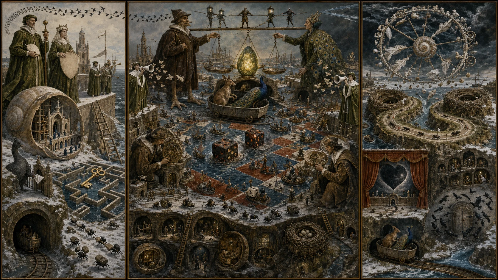Panoramic allegorical triptych: the left panel shows institutional thresholds and origins; the center panel depicts the day's primary struggle over power and resources; the right panel shows unstable aftermath under dim light, with small figures moving through labyrinthine architecture.