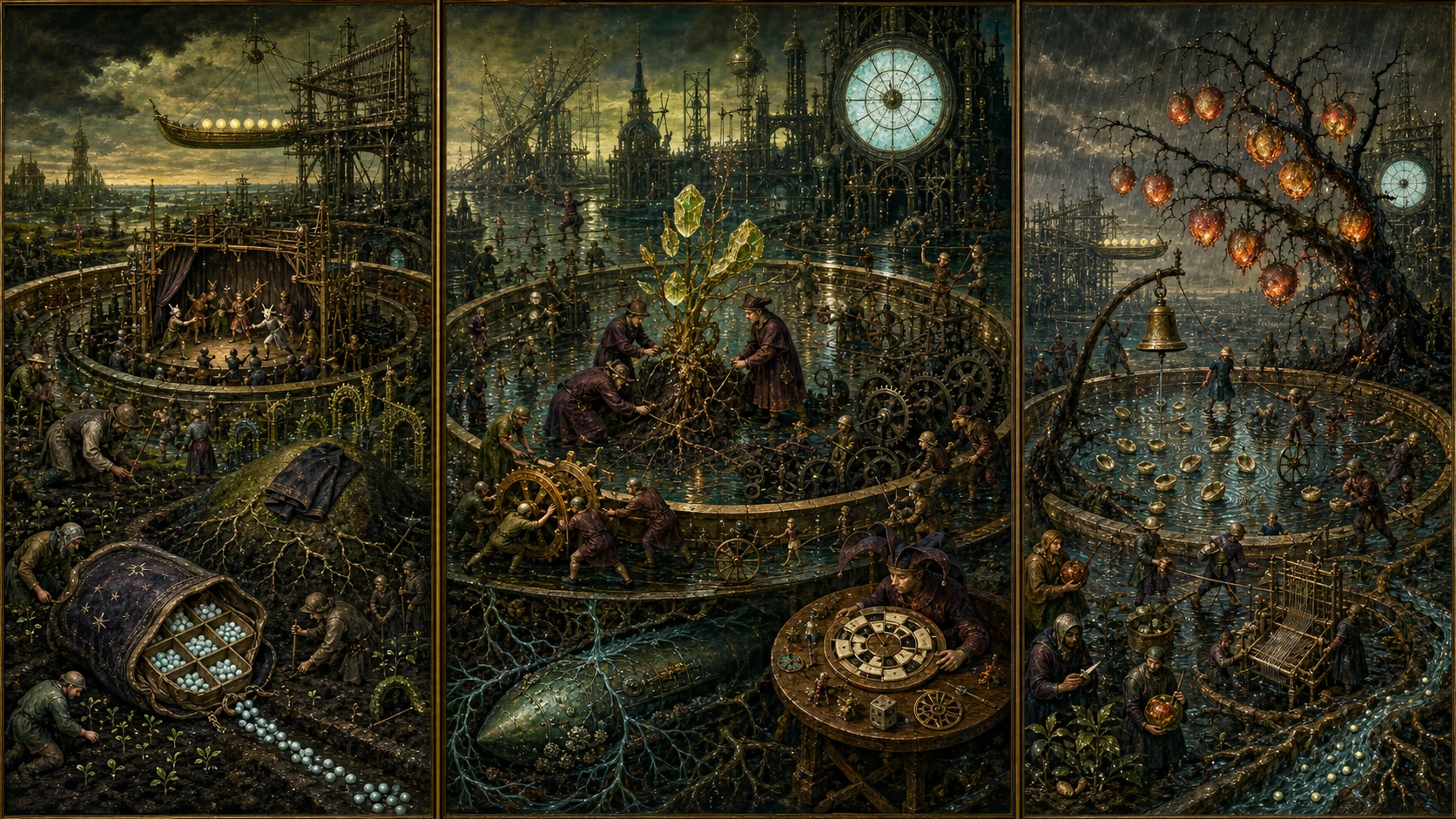 Panoramic allegorical triptych: the left panel shows institutional thresholds and origins; the center panel depicts the day's primary struggle over power and resources; the right panel shows unstable aftermath under dim light, with small figures moving through labyrinthine architecture.