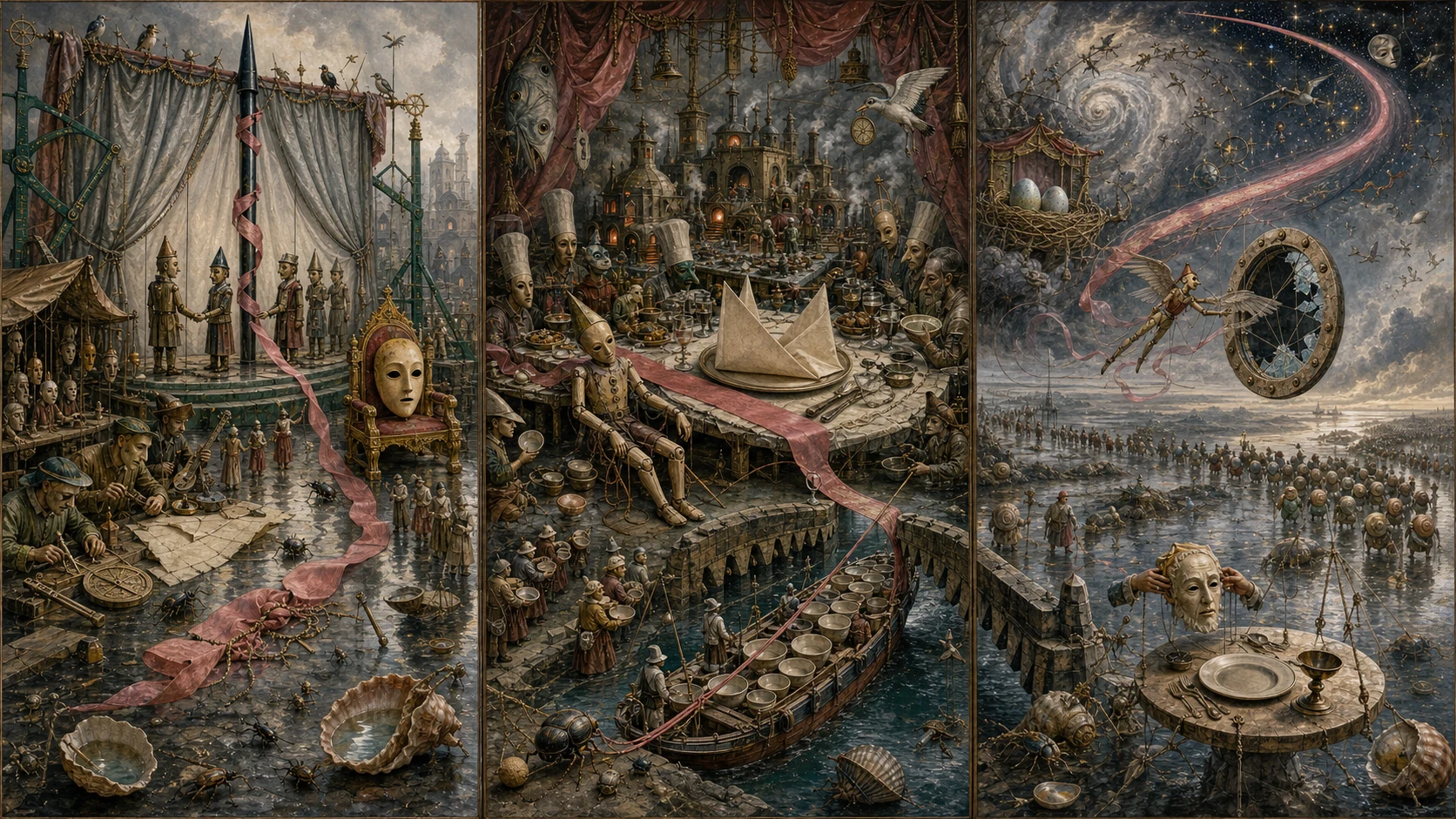 Panoramic allegorical triptych: the left panel shows institutional thresholds and origins; the center panel depicts the day's primary struggle over power and resources; the right panel shows unstable aftermath under dim light, with small figures moving through labyrinthine architecture.