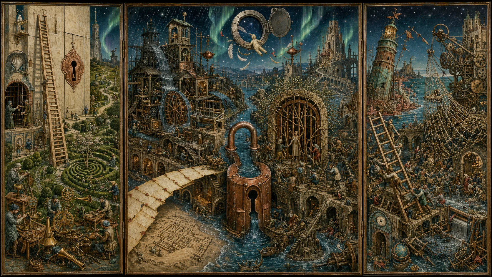 Panoramic allegorical triptych: the left panel shows institutional thresholds and origins; the center panel depicts the day's primary struggle over power and resources; the right panel shows unstable aftermath under dim light, with small figures moving through labyrinthine architecture.