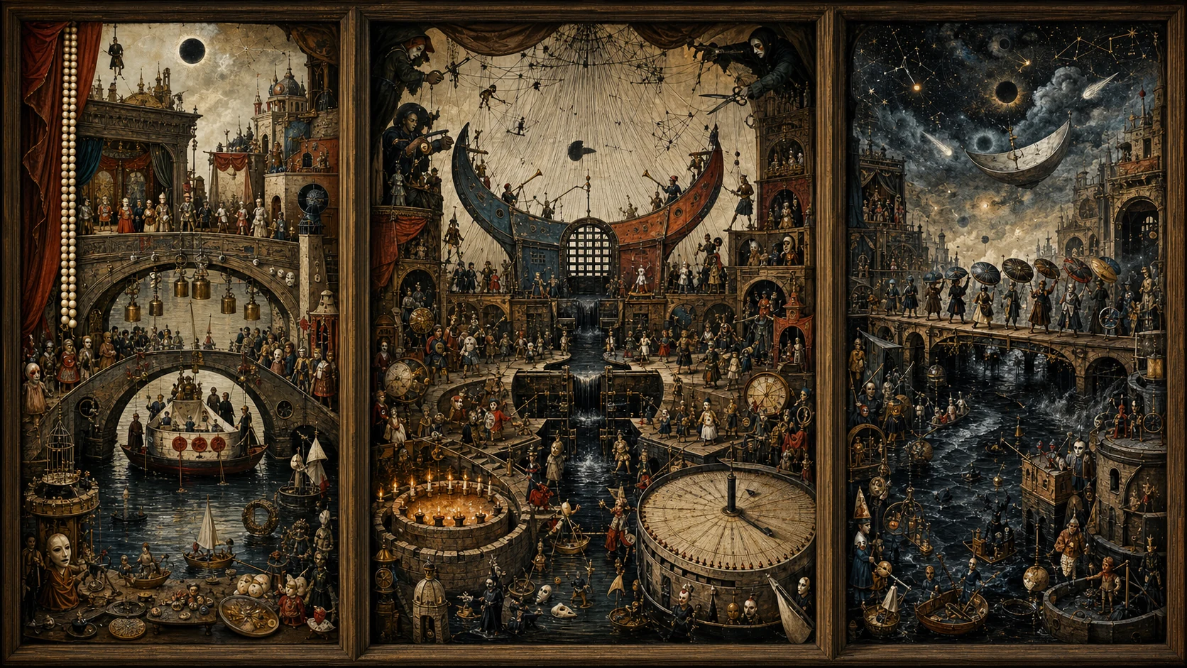Panoramic allegorical triptych: the left panel shows institutional thresholds and origins; the center panel depicts the day's primary struggle over power and resources; the right panel shows unstable aftermath under dim light, with small figures moving through labyrinthine architecture.