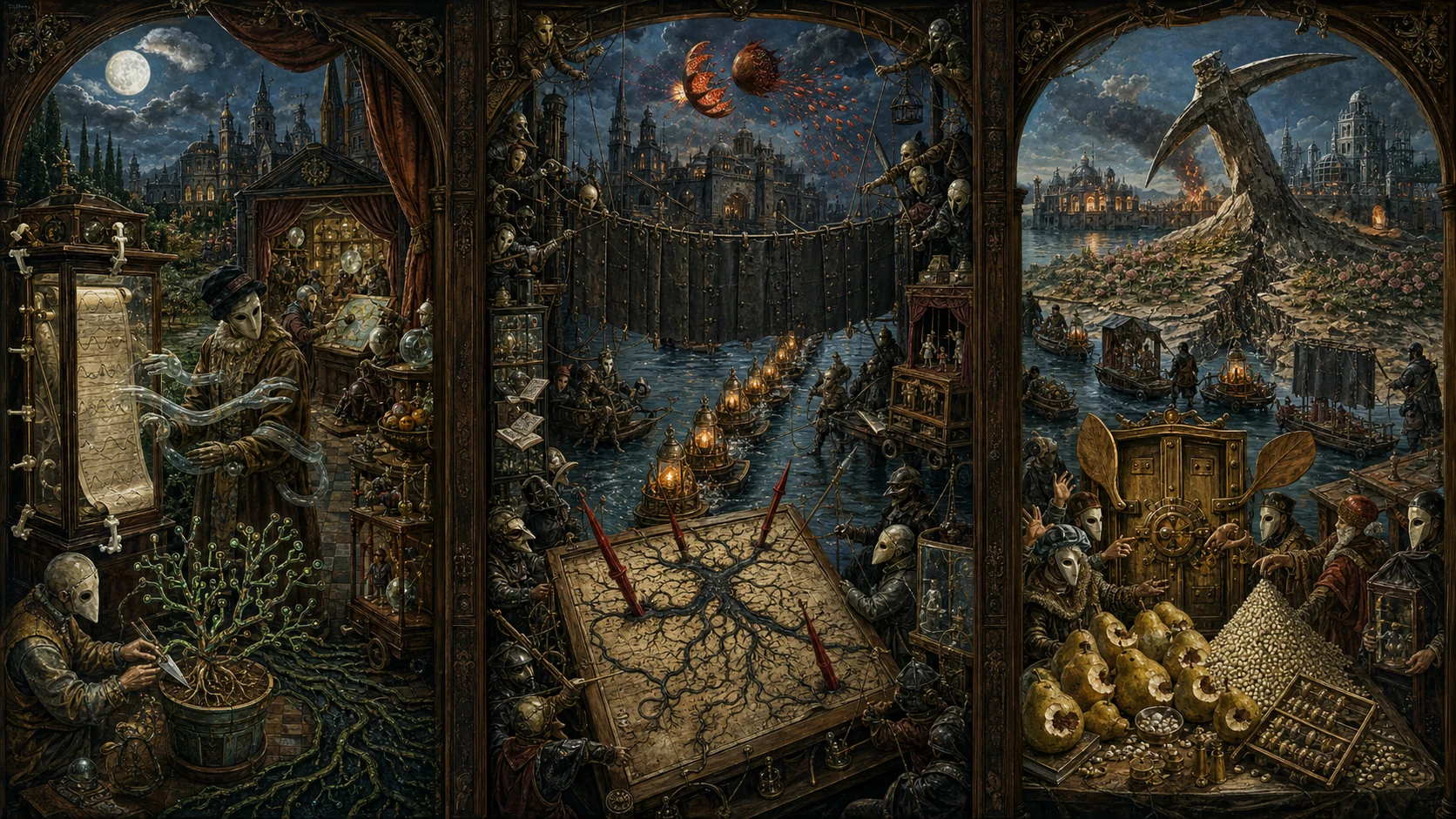 Panoramic allegorical triptych: the left panel shows institutional thresholds and origins; the center panel depicts the day's primary struggle over power and resources; the right panel shows unstable aftermath under dim light, with small figures moving through labyrinthine architecture.