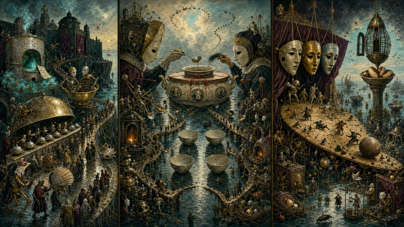 Panoramic allegorical triptych: the left panel shows institutional thresholds and origins; the center panel depicts the day's primary struggle over power and resources; the right panel shows unstable aftermath under dim light, with small figures moving through labyrinthine architecture.