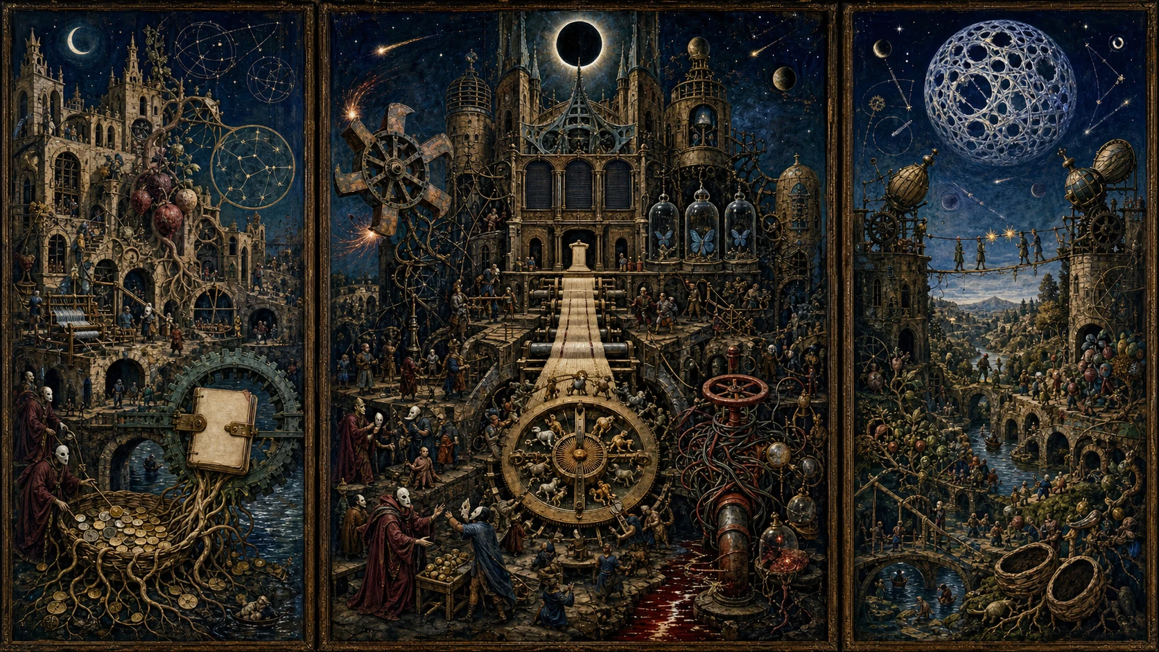 Panoramic allegorical triptych: the left panel shows institutional thresholds and origins; the center panel depicts the day's primary struggle over power and resources; the right panel shows unstable aftermath under dim light, with small figures moving through labyrinthine architecture.