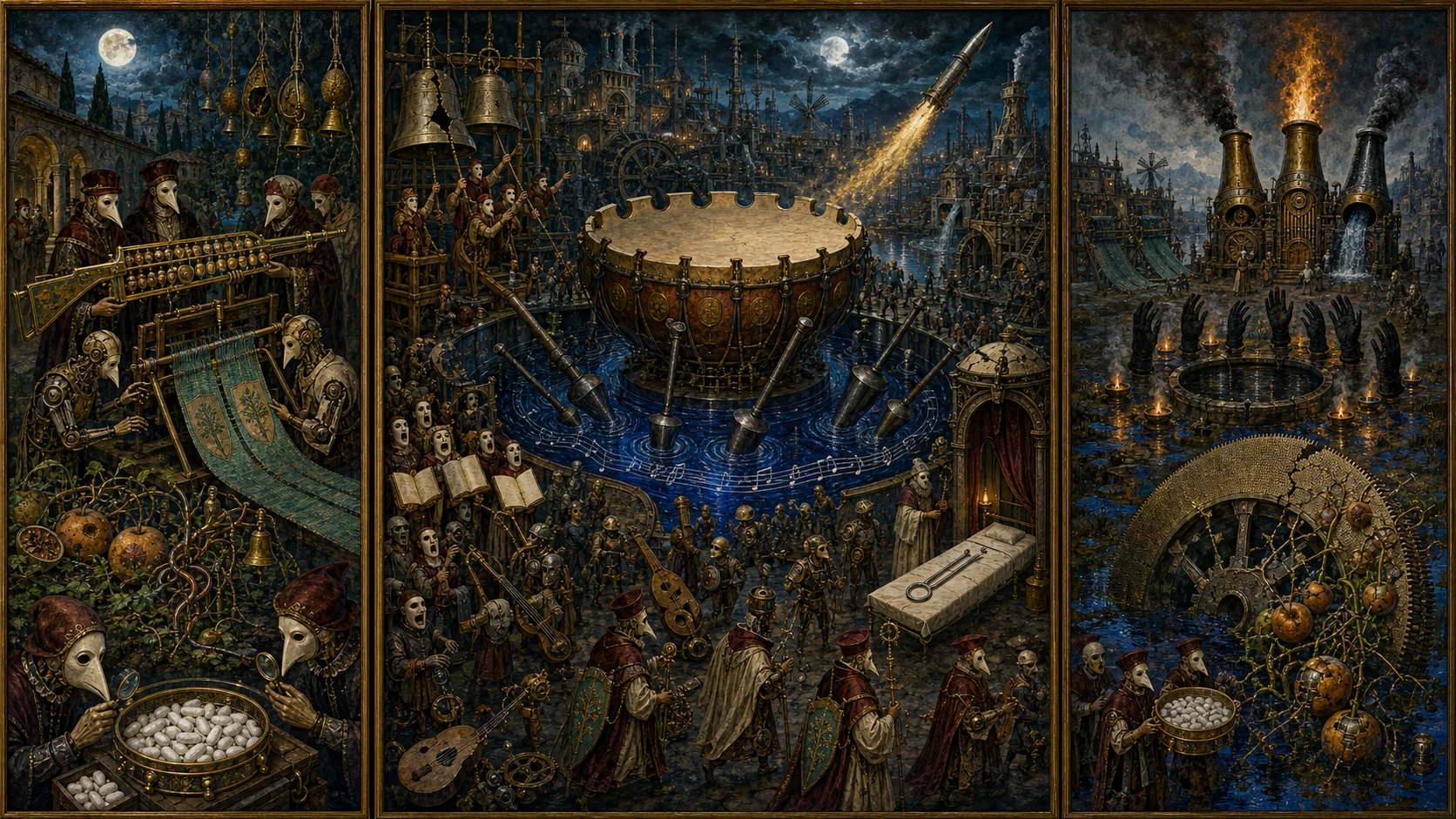 Panoramic allegorical triptych: the left panel shows institutional thresholds and origins; the center panel depicts the day's primary struggle over power and resources; the right panel shows unstable aftermath under dim light, with small figures moving through labyrinthine architecture.