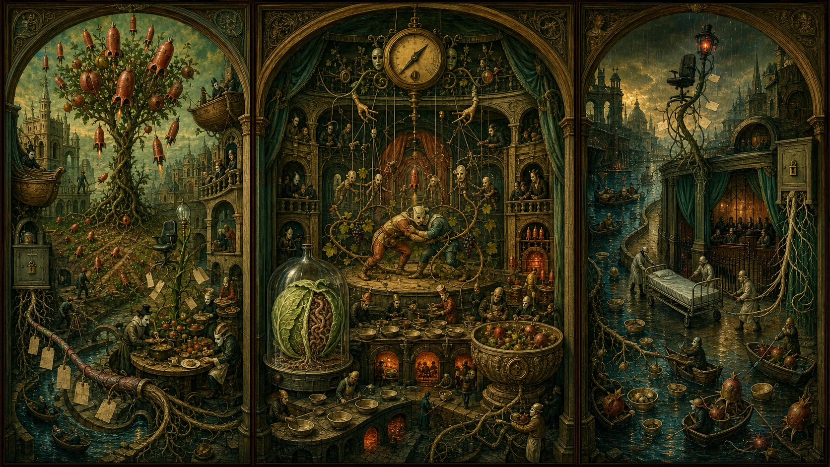 Panoramic allegorical triptych: the left panel shows institutional thresholds and origins; the center panel depicts the day's primary struggle over power and resources; the right panel shows unstable aftermath under dim light, with small figures moving through labyrinthine architecture.