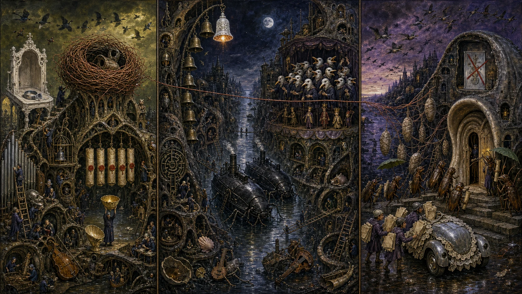 Panoramic allegorical triptych: the left panel shows institutional thresholds and origins; the center panel depicts the day's primary struggle over power and resources; the right panel shows unstable aftermath under dim light, with small figures moving through labyrinthine architecture.