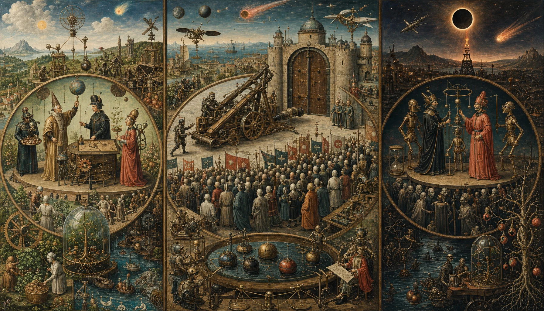 Panoramic allegorical triptych: the left panel shows institutional thresholds and origins; the center panel depicts the day's primary struggle over power and resources; the right panel shows unstable aftermath under dim light, with small figures moving through labyrinthine architecture.