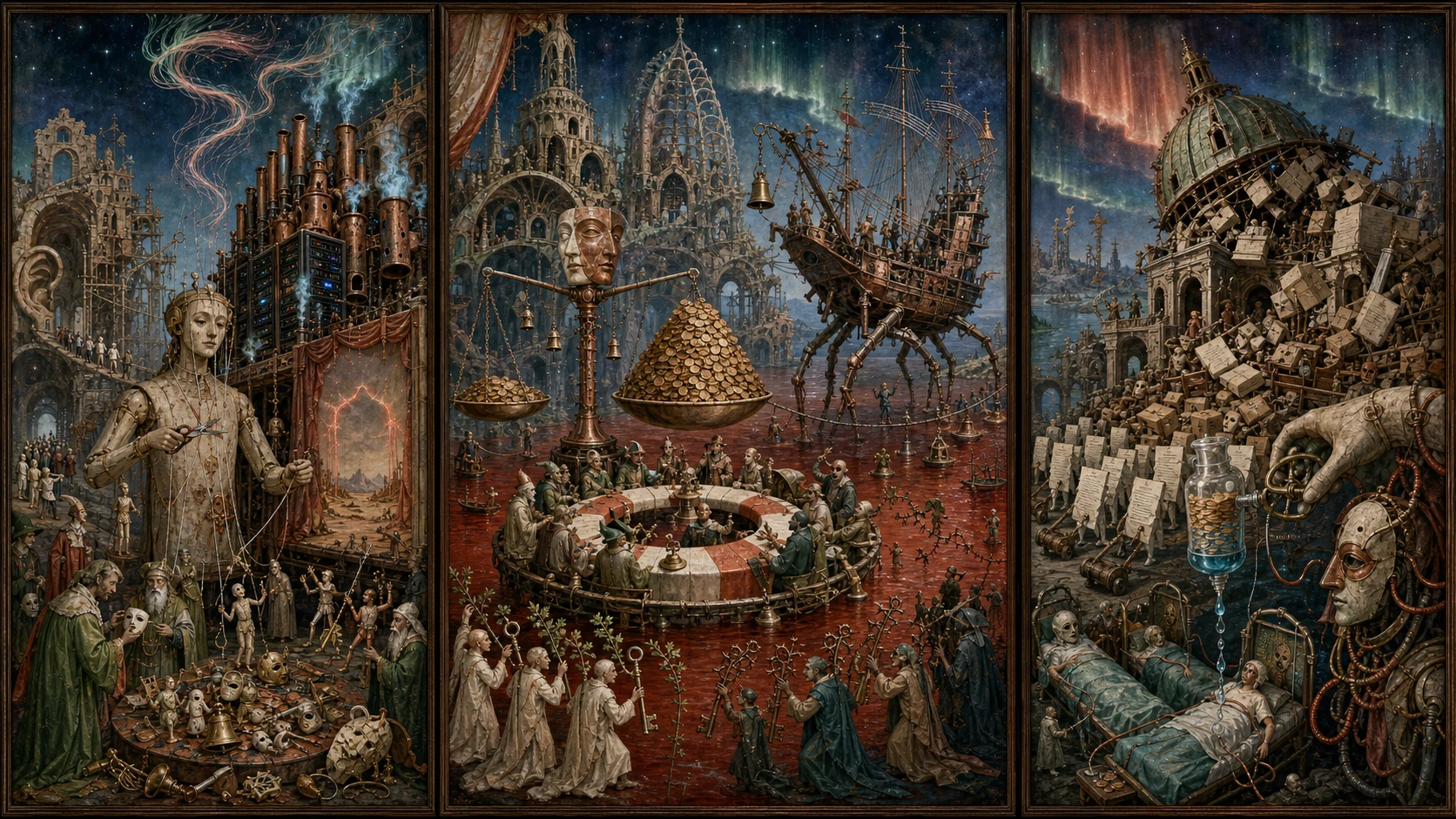 Panoramic allegorical triptych: the left panel shows institutional thresholds and origins; the center panel depicts the day's primary struggle over power and resources; the right panel shows unstable aftermath under dim light, with small figures moving through labyrinthine architecture.